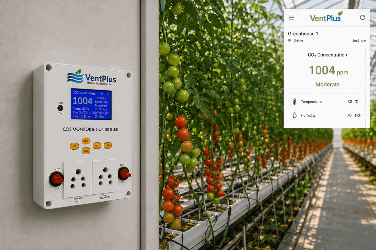 VentPlus CO2 monitor and controller installation green houses for Healthy Indoor Air for better plant growth